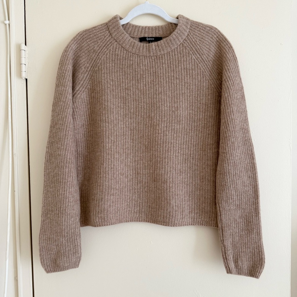Quince Mongolian Cashmere Fisherman Crewneck Sweater, Oatmeal, size L